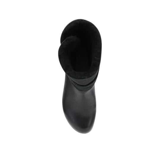 Black leather ankle boot viewed from above
