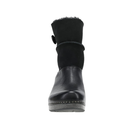 Black mid-calf boot with a slouchy shaft, round toe, and textured leather vamp, front view