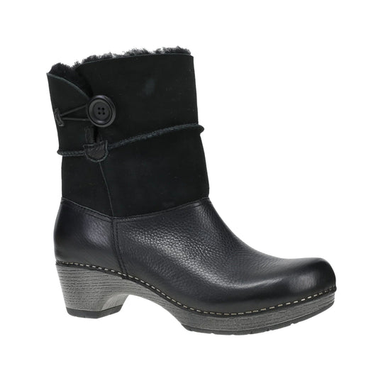 Black ankle boot with suede shaft, leather foot, side button detail, and gray wedge heel