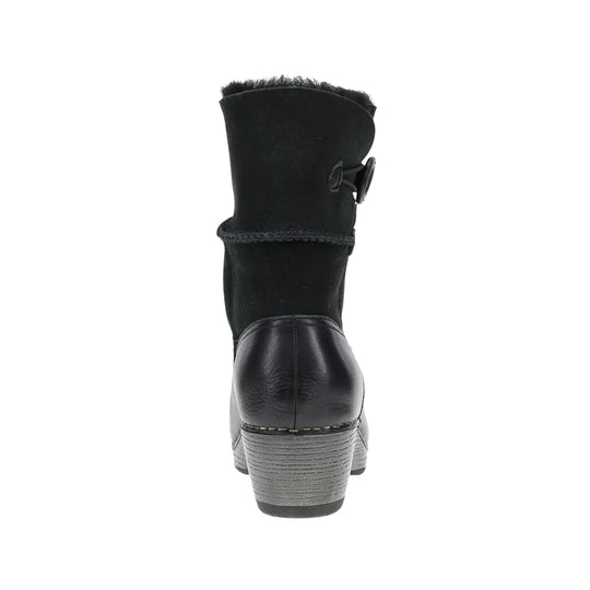 Black mid-calf boot with suede shaft, leather heel, and chunky stacked heel, back view