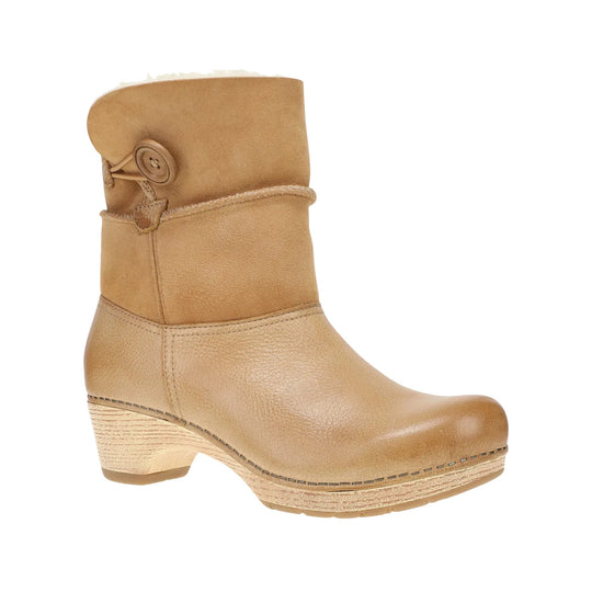 Tan ankle boot with fold-over cuff, side button detail, and low stacked heel