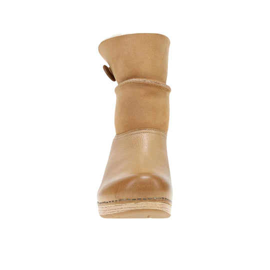 Tan suede ankle boot shown from the front with a folded shaft and rounded toe