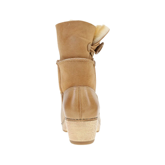 Tan suede ankle boot with shearling cuff and stacked heel, rear view
