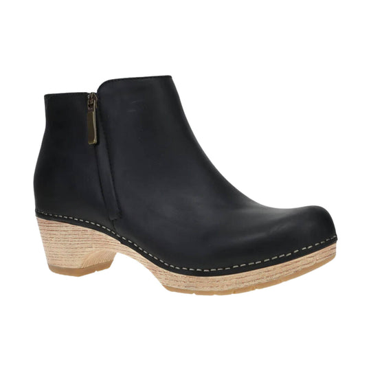 Black ankle boot with side zipper, stacked wood-look heel, and round toe