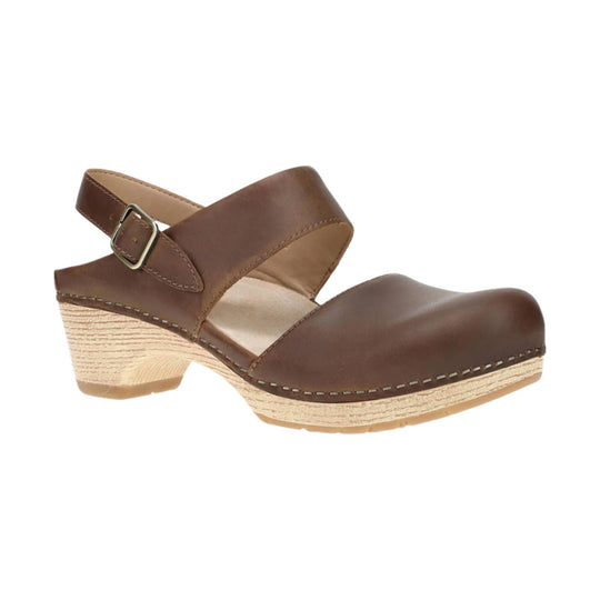 Brown leather closed-toe clog heel with a buckle ankle strap and wood-look wedge heel