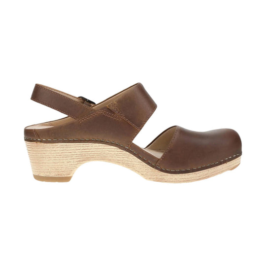 Brown leather closed-toe clog sandal with a wedge heel and ankle strap