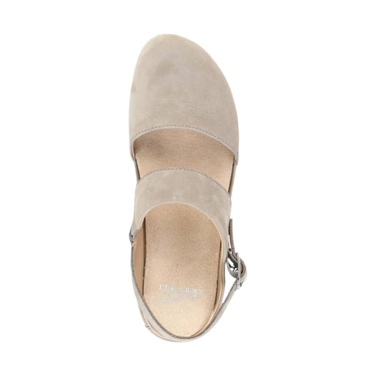 Taupe suede closed-toe slingback sandal with ankle strap and buckle, shown from above.