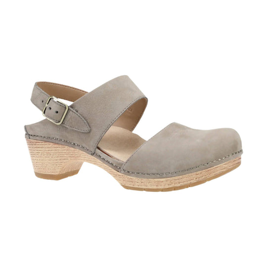 Taupe closed-toe wedge sandal with a buckled ankle strap and wood-look heel