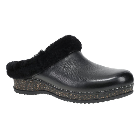 Black closed-toe clog mule with a faux fur collar and speckled cork platform sole