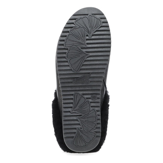 Black clog sole with ribbed tread and floral leaf pattern