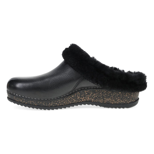 Black clog mule with a fuzzy collar, closed toe, and speckled platform wedge sole