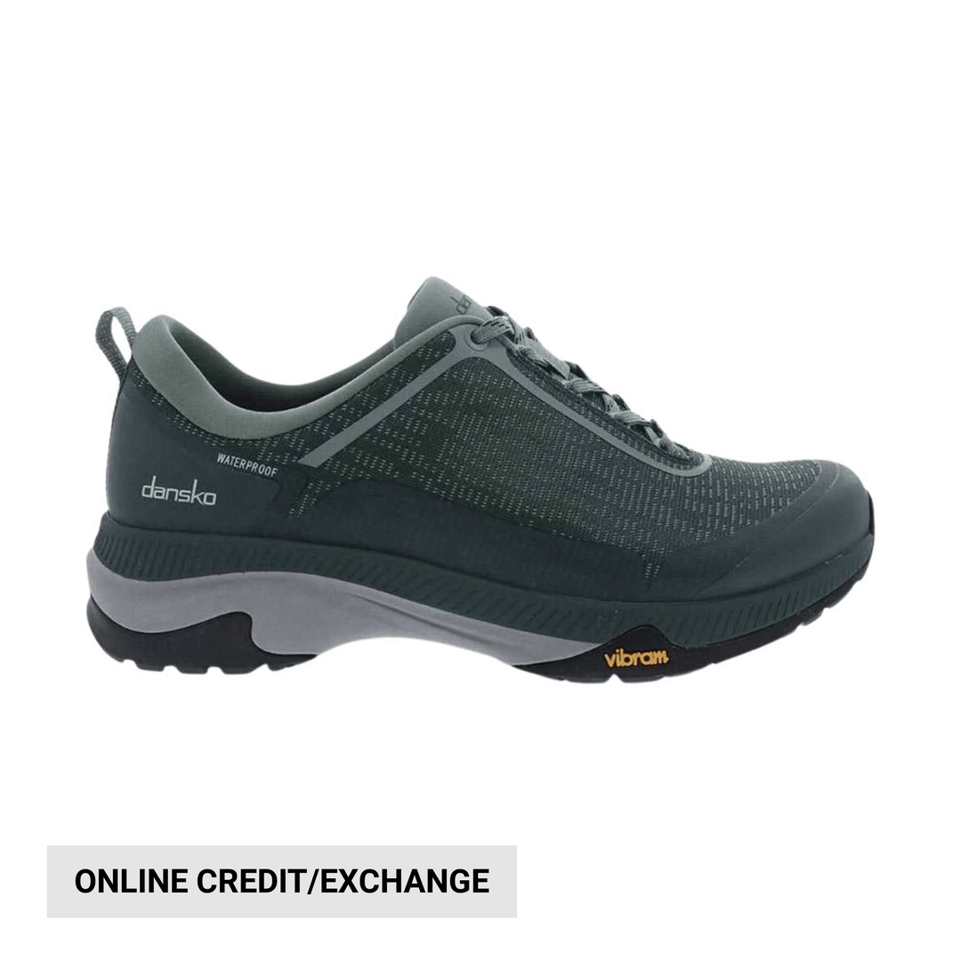 Dark green waterproof lace-up walking shoe with thick cushioned sole