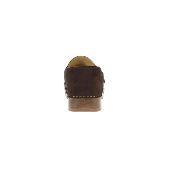 Brown suede clog heel shown from the back with a wood-look platform sole