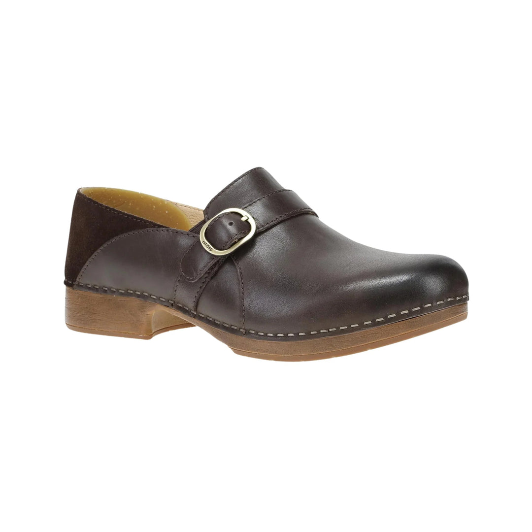 Brown leather clog mule with buckle strap, wood heel, and stitched sole