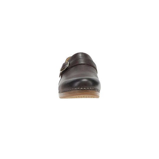 Dark brown leather clog with metal buckle, front view