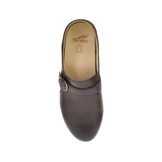 Brown leather clog with a buckle strap and tan insole, top view