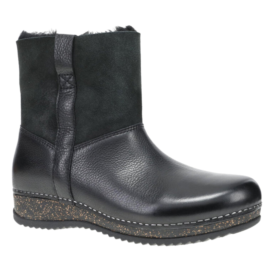 Black leather ankle boot with a pebbled toe, stitched wedge sole, and side seam detail