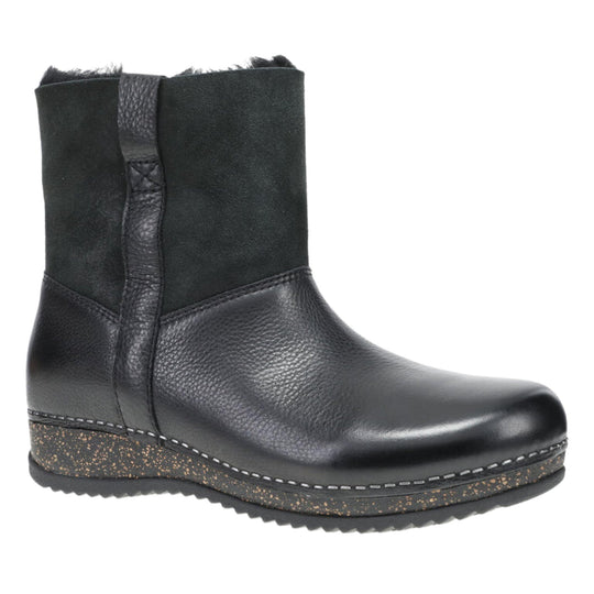 Black leather ankle boot with a pebbled toe, stitched wedge sole, and side seam detail