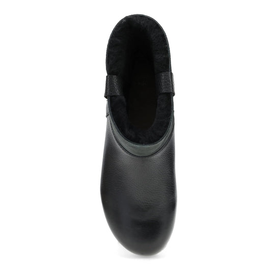Black leather ankle boot with rounded toe and plush interior, top view