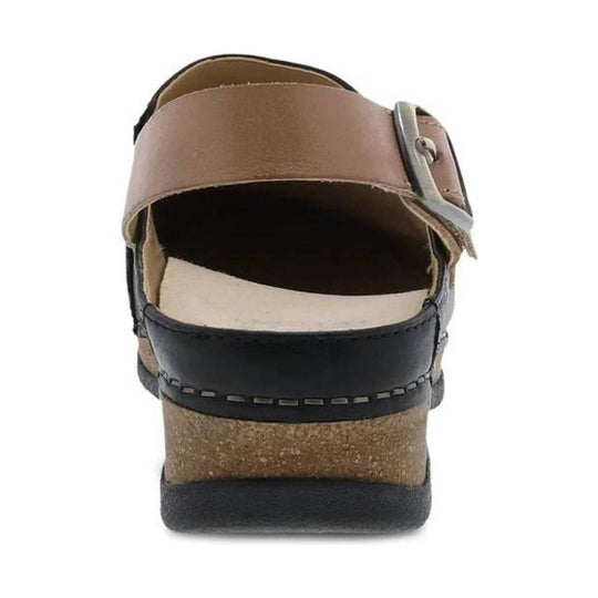 Brown and black leather mule sandal with a buckle strap, rear view