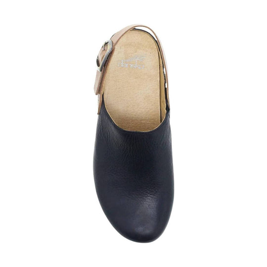 Black leather mule with tan footbed and side buckle, top view