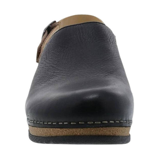 Black leather mule clog with tan trim, rear view