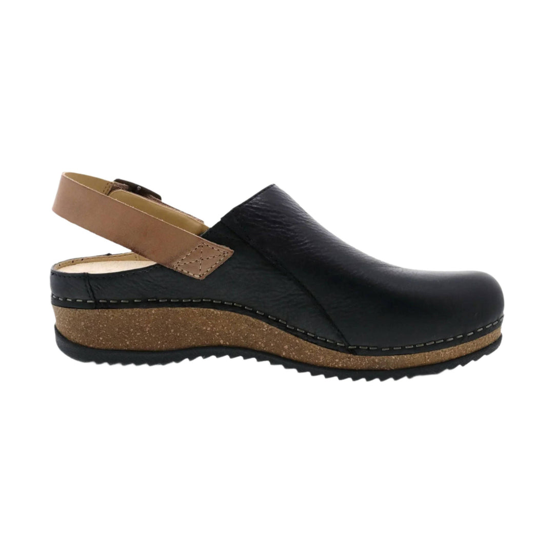 Black leather clog mule with tan ankle strap and cork wedge sole