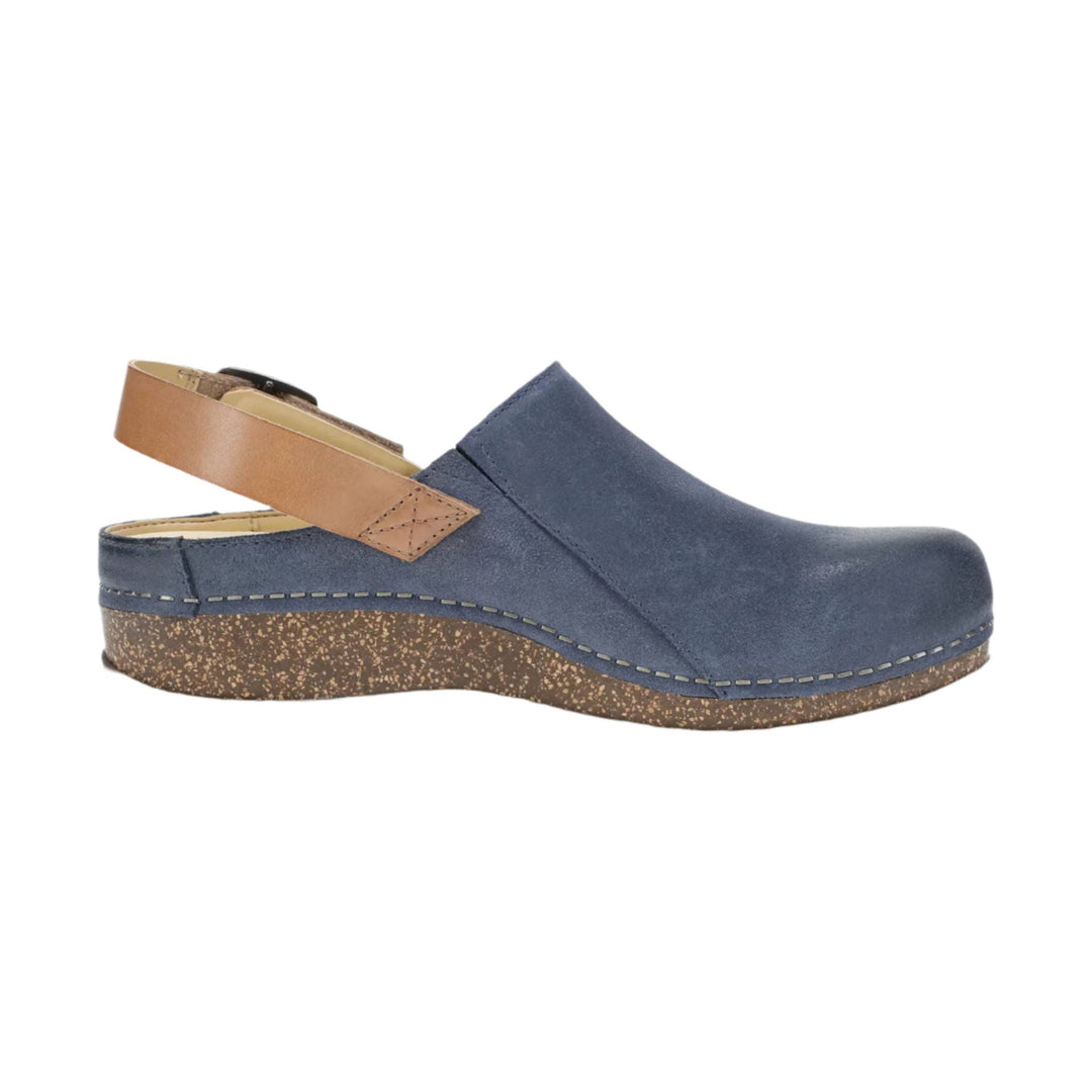 Blue suede clog mule with a tan heel strap and cork wedge sole