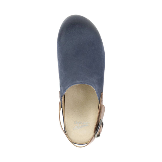Dark blue suede slingback mule with a round toe, beige footbed, and side buckle
