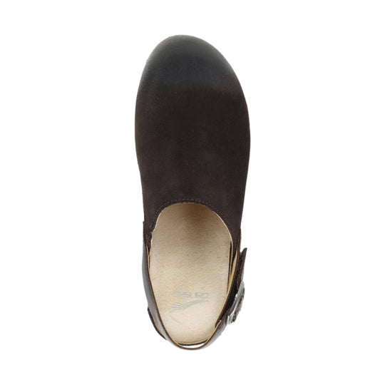 Dark brown suede mule clog with open back and tan footbed, top view