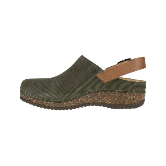 Olive green clog-style sandal with a brown slingback strap and speckled cork wedge sole