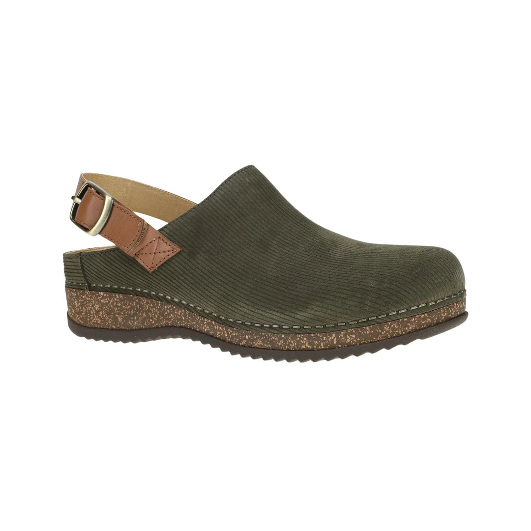 Olive green clog-style mule with a tan slingback strap and speckled cork midsole