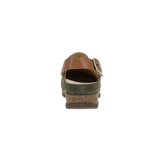 Back view of an olive-green slip-on clog with brown leather strap, metal buckle, and speckled cork heel