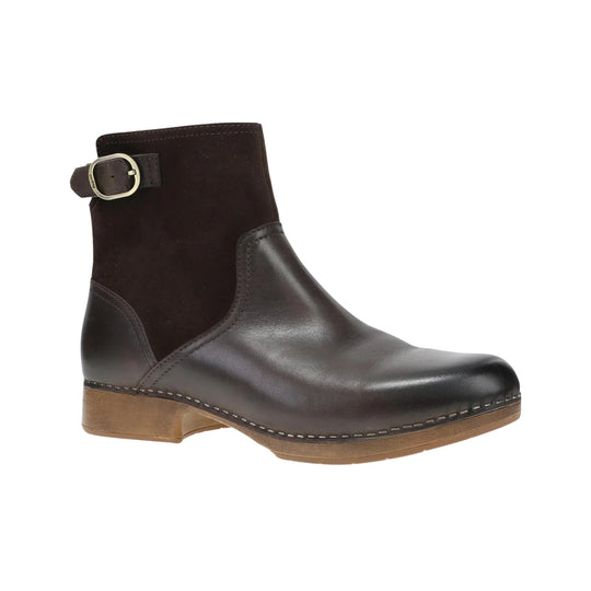 Dark brown ankle boot with a suede shaft, smooth leather foot, side buckle strap, and wood-look heel