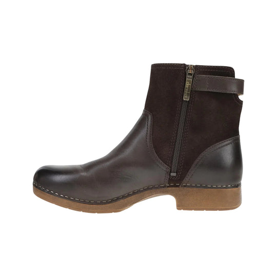 Dark brown ankle boot with side zipper, suede shaft, smooth leather toe and heel, and low wood-look heel