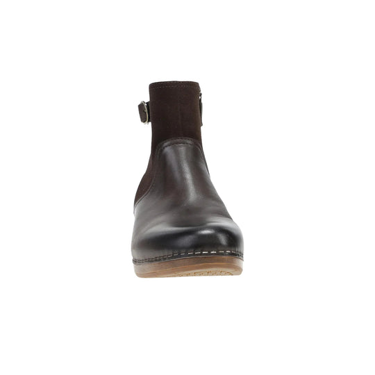 Dark brown ankle boot with a smooth leather front, suede shaft, and side buckle detail