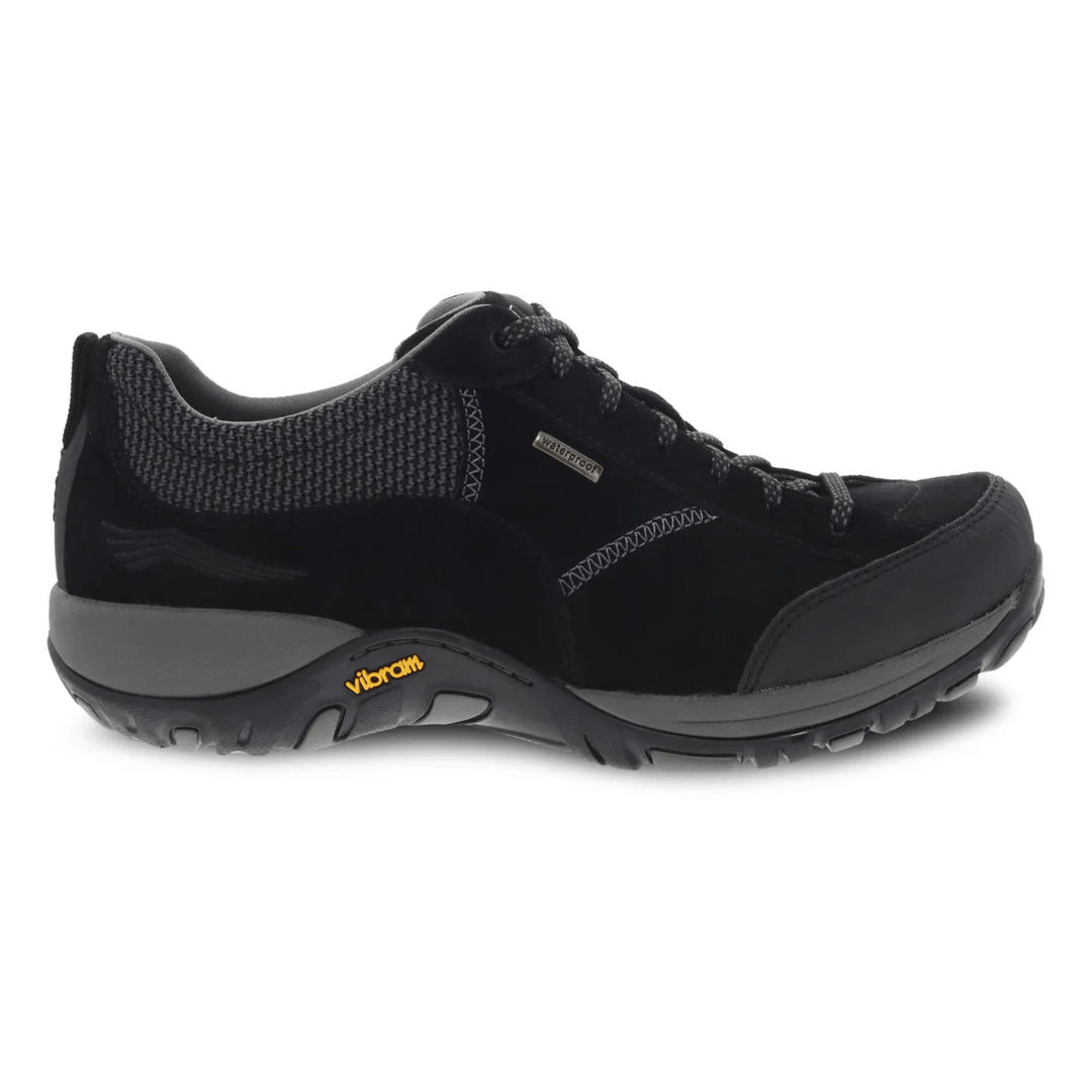 Black low-top hiking sneaker with gray knit collar, bungee laces, and Vibram sole