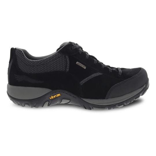 Black low-top hiking sneaker with gray knit collar, bungee laces, and Vibram sole
