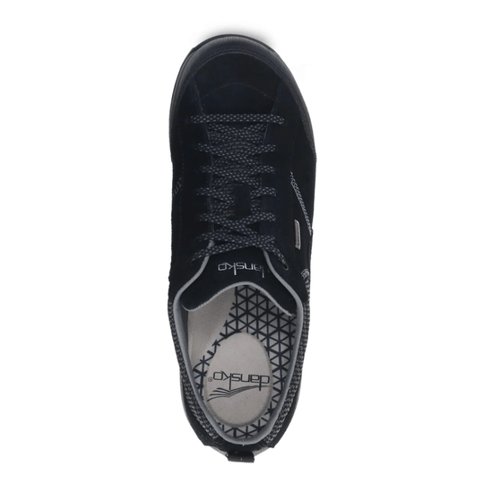 Black low-top sneaker with gray patterned laces and a printed gray insole, viewed from above.