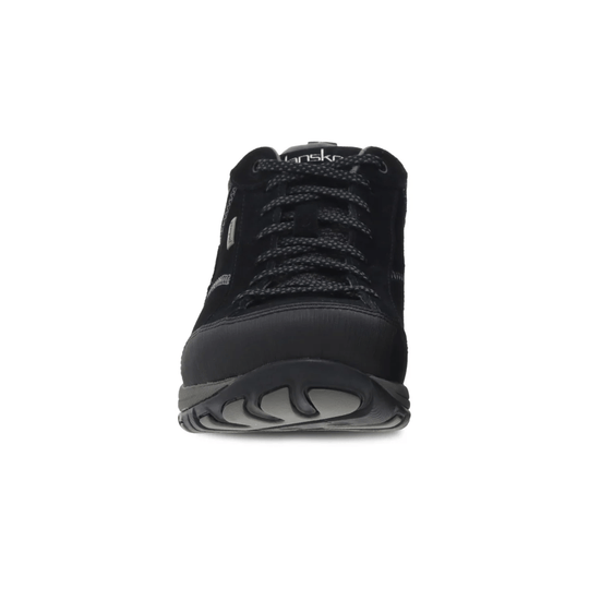 Black low-top sneaker with thick tread and round black laces