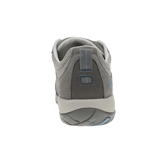 Rear view of a gray suede and knit sneaker with a light sole and blue stitching accents