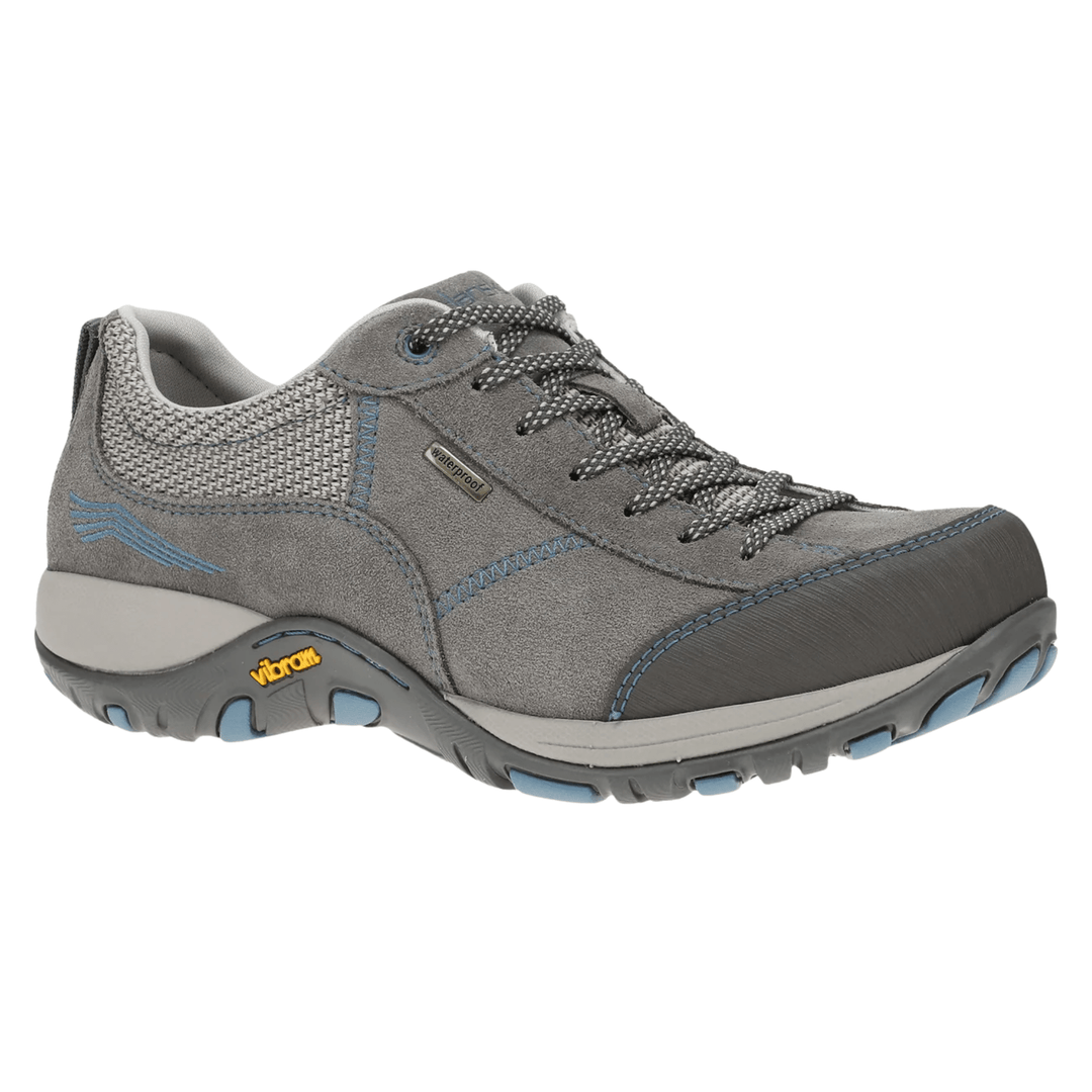 Gray low-top sneaker with mesh collar, patterned laces, blue stitching, waterproof tag, and Vibram sole