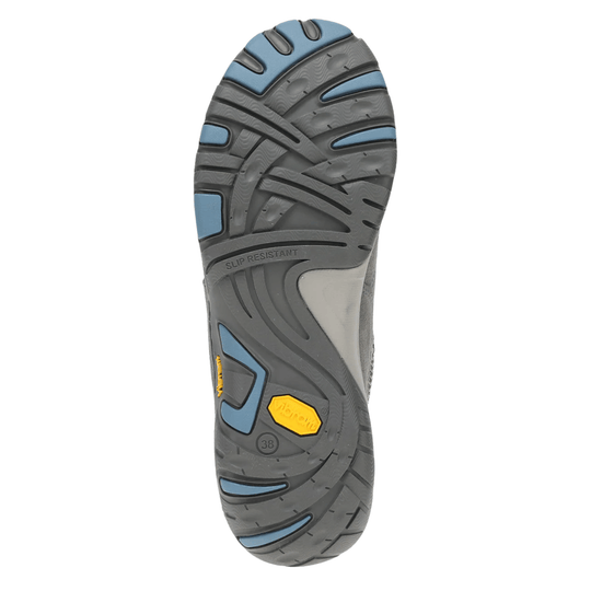 Grey and blue shoe sole with slip-resistant tread and Vibram marking