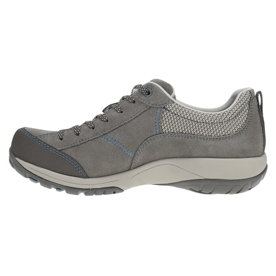 Gray low-top hiking sneaker with blue stitching, black toe cap, and thick treaded sole
