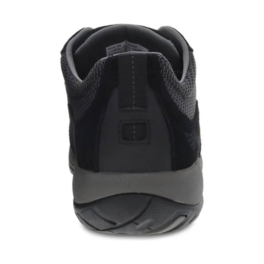 Black athletic sneaker shown from the heel with textured knit upper, padded collar, and thick rubber sole