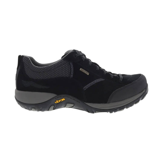 Black low-top hiking sneaker with gray knit collar, black laces, and Vibram sole