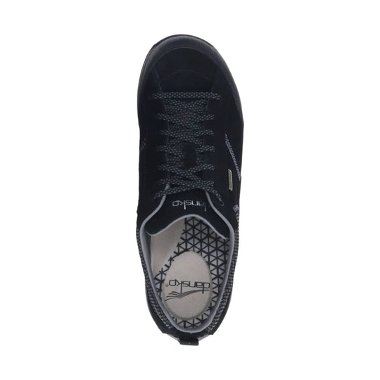 Black lace-up sneaker with gray patterned laces and a patterned insole, top view