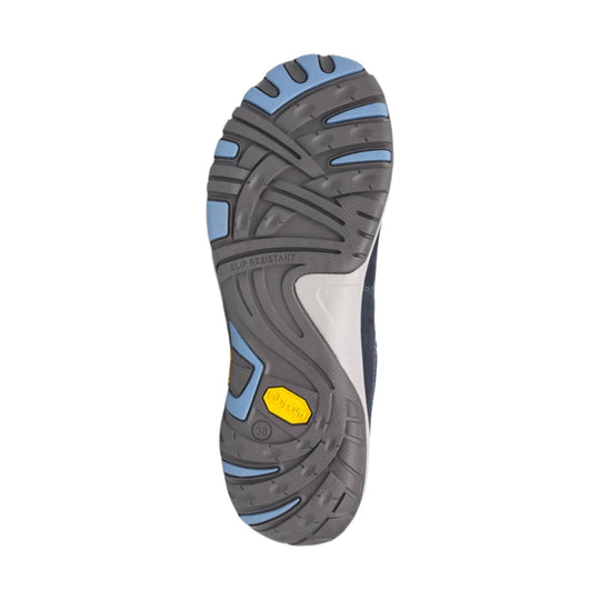Grey slip-resistant shoe sole with blue traction inserts and a yellow size marking