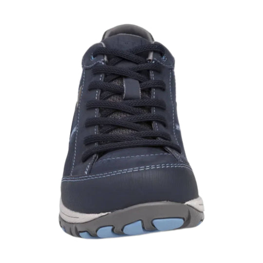 Navy lace-up sneaker with white stitching and a gray rubber outsole