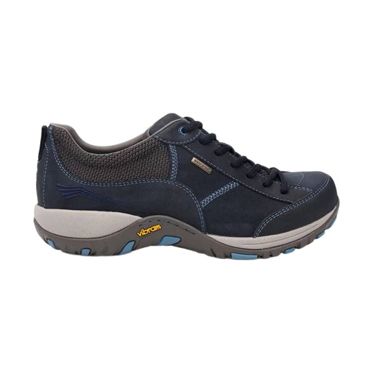Navy low-top sneaker with laces, waterproof tag, and Vibram sole